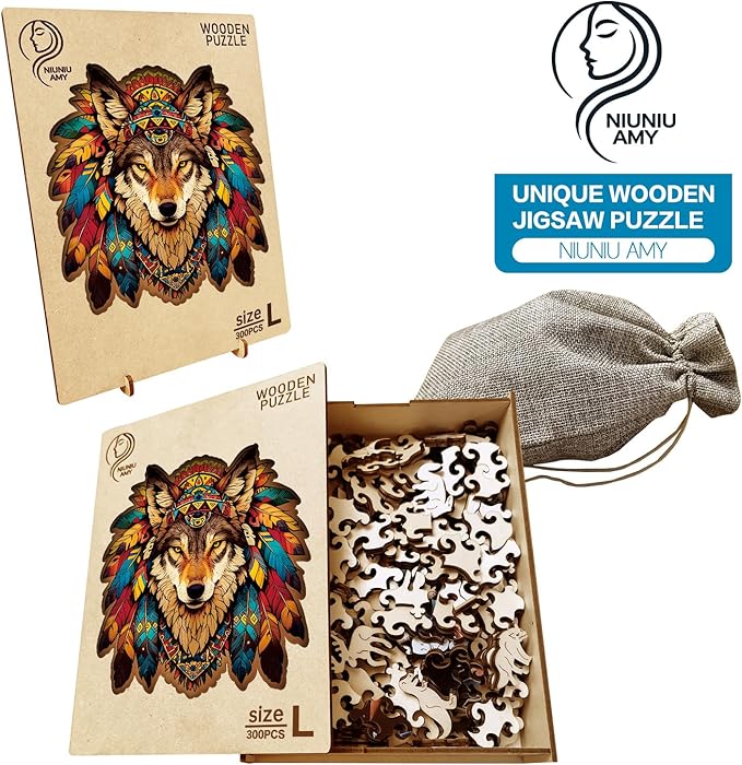 Wooden Puzzle for Adults,Wolf Totem Style Jigsaw Puzzles 300 Piece,Unique Shape Puzzle Challenge 14.9 x 14.9 Inch,Birthday Gifts Family Game