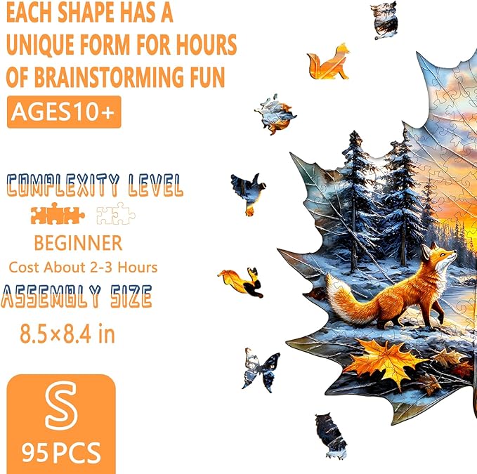 Wooden Puzzles for Adults, Winter Fox Wooden Jigsaw Puzzle for Adults, Magical Forest Wood Puzzles Adult, Unique Animal Shape, Fun Gifts for Friends & Family, Home Decor(S-8.5 * 8.4in-95 pcs)