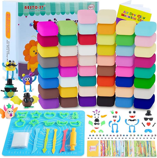 Air Dry Clay 50 Colors, Modeling Clay for Kids, DIY Model Magic Clay, Molding Clay Kit with Sculpting Tools, Non-Sticky Soft and Super Light, Arts and Crafts Gift for Boys Girls Kids