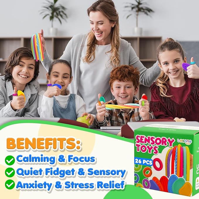 Fidget Sensory Toys for Kids: 26 Pack Quiet Squishy Fidgets for Classroom Students Prizes- Textured Soft Fidget Rings Stretchy Strings for Autism Calming Down - Office Desk Toddler Travel Treasure Box