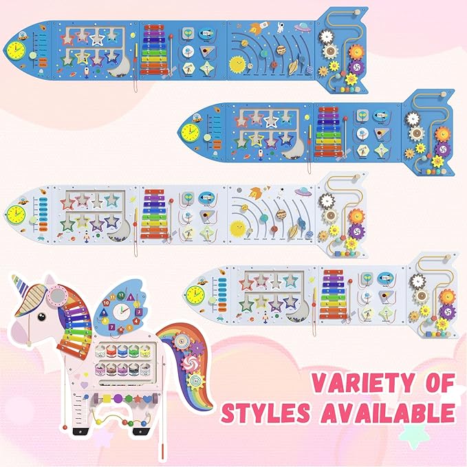 Unicorn Activity Wall Busy Board Panels - Sensory Wall Panel for Kids, Montessori Toddler Wall Activity Board, Wall Toys for Toddlers 3, Activity Cube, Perfect for Toddler Playroom, Pink