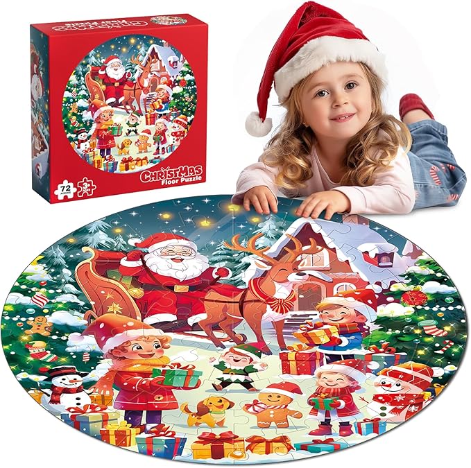 72 Pieces Shimmery Jumbo Christmas Floor Puzzle for Girls 3-5 4-6 Age Floor Puzzles for Boys and Girls Large Round Floor Jigsaw Puzzles (Christmas)
