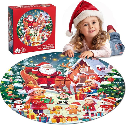 72 Pieces Shimmery Jumbo Christmas Floor Puzzle for Girls 3-5 4-6 Age Floor Puzzles for Boys and Girls Large Round Floor Jigsaw Puzzles (Christmas)
