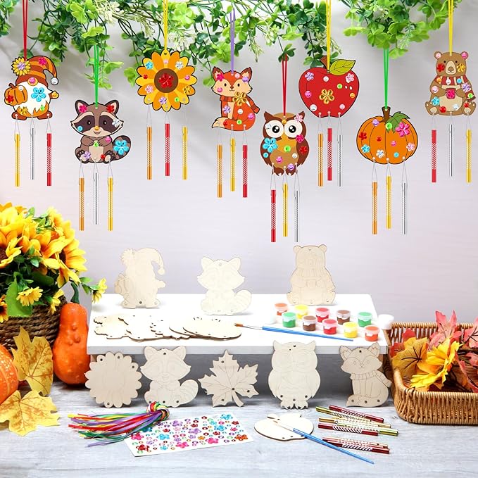 JellyArch 30 Pack Fall Wind Chime Making Kit for Kids Adult DIY Wooden Pumpkin Leaf Animal Crafts for Thanksgiving Halloween Classroom Activity Birthday Party Decoration Gift