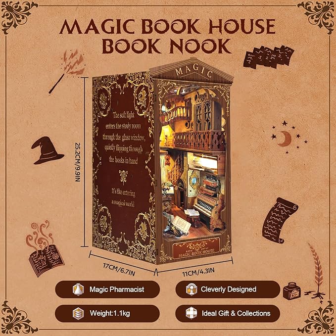 CRIOLPO Book Nook Kit - DIY Doll House Booknook, Book Nook Miniature Kit for Bookshelf Insert Decor Crafts for Adults Teen Halloween, 3D Wooden Puzzle Bookends with Sensor Led Light