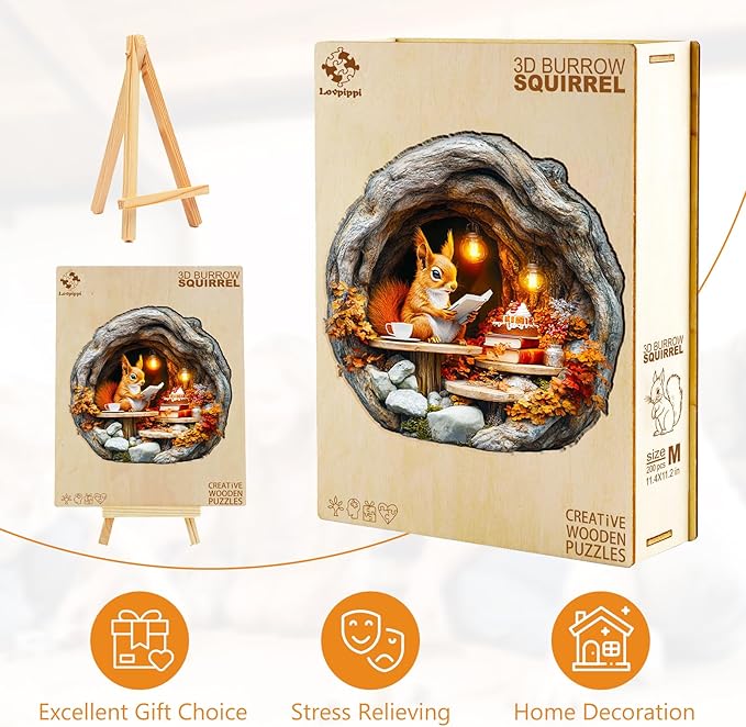 Wooden Puzzles for Adults, Wooden Jigsaw Puzzles for Adults Kids, 3D Burrow Squirrel Unique Shaped Wood Puzzles Adult, Creative Birthday Gifts for Friends Family Game (8.5 * 8.3in 100pcs)