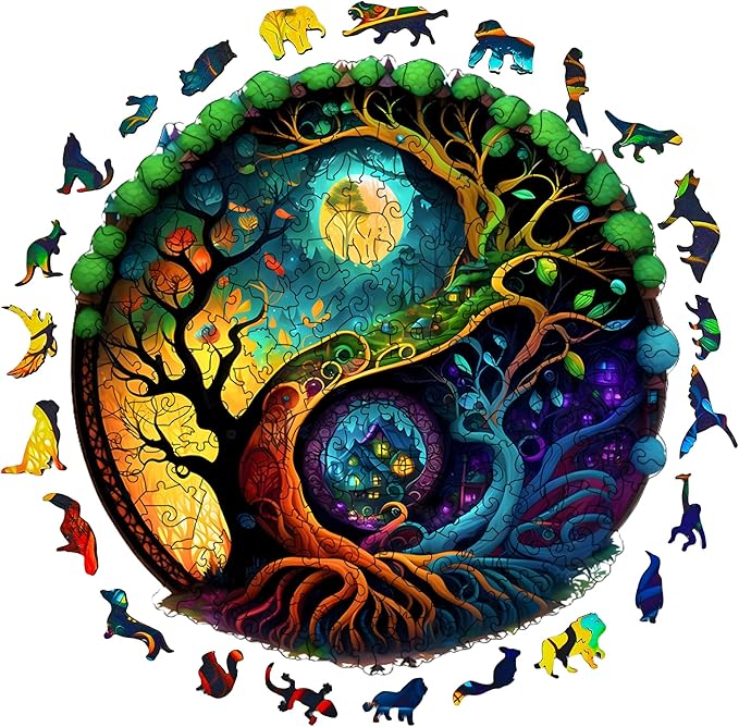 Wooden Jigsaw Puzzle for Adults,Night Tree House Animals Shaped Magic Puzzle Pieces Best Gift for Adults,Can be Used as a Cool Mouse Pad,241pcs,(13.38 * 13.38 inches)