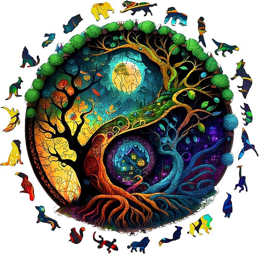 Wooden Jigsaw Puzzle for Adults,Night Tree House Animals Shaped Magic Puzzle Pieces Best Gift for Adults,Can be Used as a Cool Mouse Pad,241pcs,(13.38 * 13.38 inches)