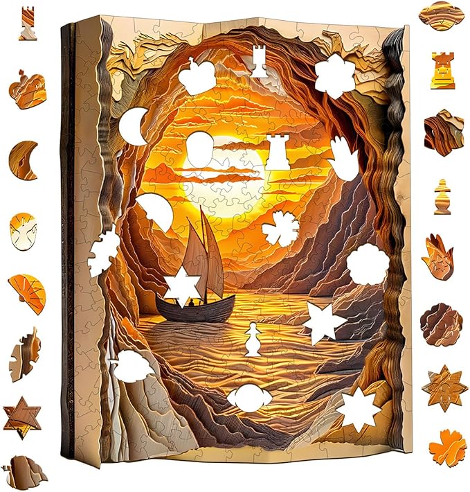 Wooden Puzzles for Adults - Sunset Sailing Wooden Puzzle - Unique Animal Shape Wood Cut Puzzles - Eco-Friendly Home Office Decor (M-11.4 * 11.3in)