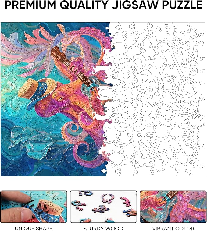 Wooden Puzzles for Adults 500 Pieces, Octopus Guitar Jigsaw Puzzles, Unique Design Color Challenge Adult Puzzles for Family Brain Game Gift, Home Decor 13.3x17.7 inch