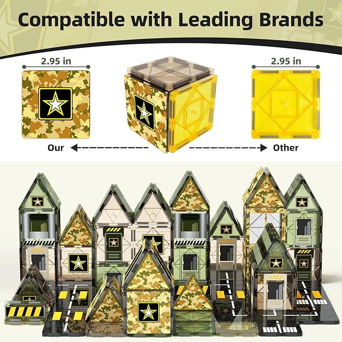 GobiDex Army Magnetic Tiles Road Set Building Toys for Boys 3+ Year Old, STEM Military Magnetic Blocks for Toddlers Construction Toys, Sensory Magnets for Kids Birthday Gifts Boys & Girls 48PCS