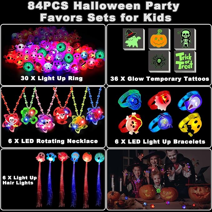 84 PCS Halloween Party Favors for Kids, Glow In The Dark Halloween Toys Bulk Light Up Rotating Necklace LED Ring Bracelet Hair Lights Halloween Treats Classroom Prizes Goodie Bag Filler Trick or Treat