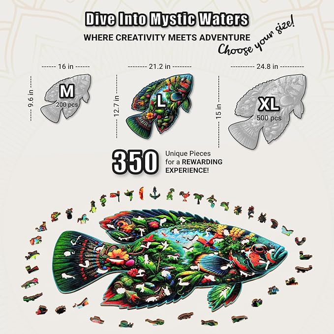 LEOGOR Wooden Jigsaw Puzzles for Adults 350 Pieces (21.2 × 12.7 in), Fish Puzzle, Extra-Thick 5mm Wood, Colorful Ocean Scene, Unique Animal Shapes, Beautiful Sea Life Gift for Adults and Teens