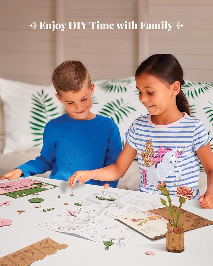 rowood 3D Puzzle Wood Flower,DIY Artifical Flower Building Set Craft Kit for Women,Mother's Day/Valentine's Day/Teacher's Day/Thanksgiving/Christmas/Birthday Gift -Pink Carnation