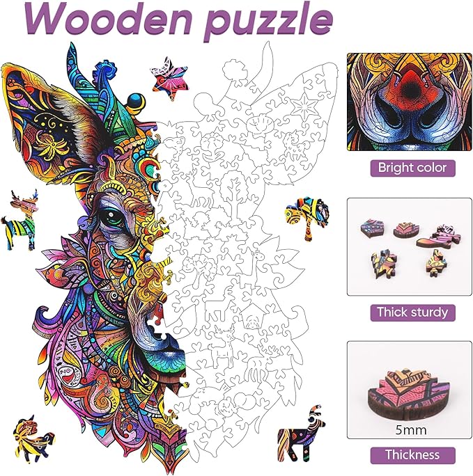 Ruikiyart Wooden Puzzles for Adults, 5MM 500 Pieces Mandala Deer Wooden Jigsaw Puzzles, Elk Puzzle Unique Shapes Pieces Great Gift for Kids and Adults on Birthday, Thanksgiving, Christmas (15"x19.3")
