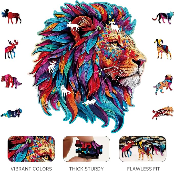 Wooden Puzzle for Adults,Lion Jigsaw Puzzles 200 Piece,Thanksgiving Birthday Gifts Family Game,Unique Shape Puzzles Challenge 11 x 11 Inch