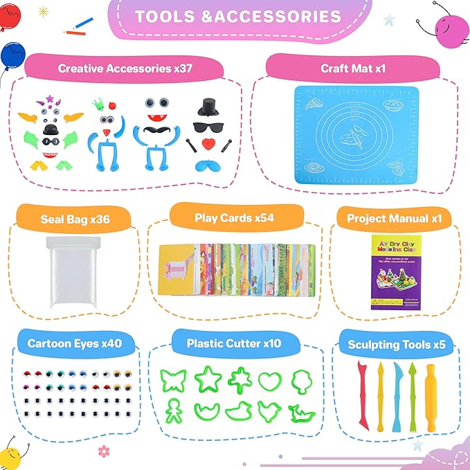 Air Dry Clay 50 Colors, Modeling Clay for Kids, DIY Model Magic Clay, Molding Clay Kit with Sculpting Tools, Non-Sticky Soft and Super Light, Arts and Crafts Gift for Boys Girls Kids