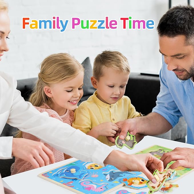 6PCS Wooden Toddler Puzzles, Montessori Toys Peg Puzzles for 3-5 Kid, Toddler Learning Educational Toys Kids Puzzle -Dinosaur, Farm, Farm Animals, Sea Animals, Fruit, Baby Puzzle Gift for Boys Girls