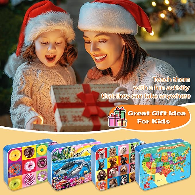 LELEMON Puzzles for Kids Ages 4-6,4-Pack 100 Piece Puzzles for Kids Ages 4-8 in a Metal Box,Dogs Donut USA Map Underwater World Educational Jigsaw Puzzles Puzzle Games Puzzle Toys for Girls and Boys