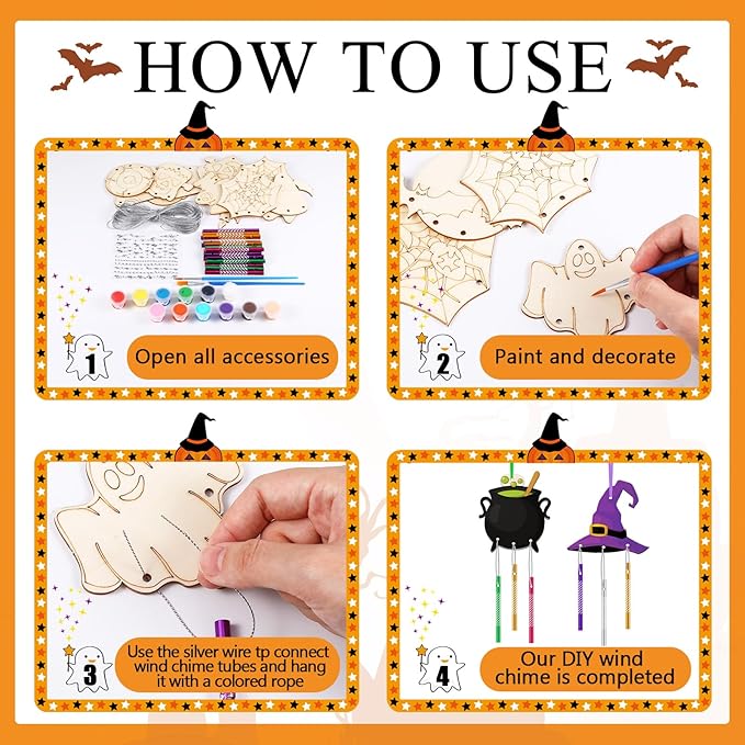 30 Pack Halloween Wind Chime Making Kit for Kids Make Your Own Halloween Wind Chime Ghost Pumpkin Bats DIY Crafts Wooden Ornaments for Activity Birthday Decoration