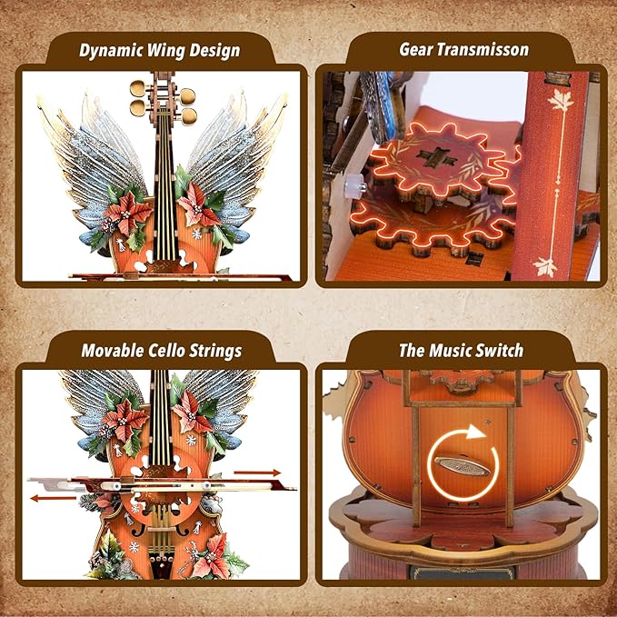 3D Wooden Puzzles for Adults,3D Wooden Christmas Cello Puzzle - 82PCS Mechanical Music Box,DIY Desk Decor & Creative Gift for Adults, Teens