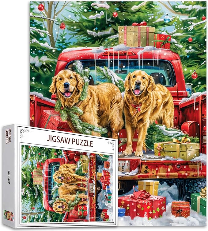 Christmas Day Puzzles 1000 Pieces for Adults, Families (Cute Dog,Red Car,Christmas Tree,Gift Box,) Pieces Fit Together Perfectly 19.7''x27.6''inch Happy New Year Magic Puzzle Art Boho Gift（Red）