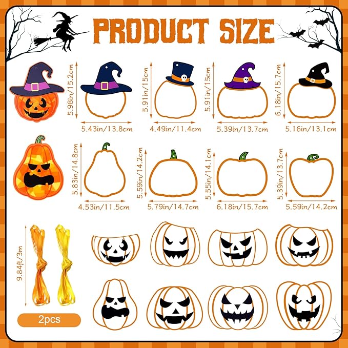 Tinlade 32 Sets Halloween Suncatcher Crafts Kit Pumpkin Suncatcher Paper Crafts with Tissue Paper DIY Window Stained Glass Effect Hanging Ornaments for Autumn Halloween DIY Activities Party Favors