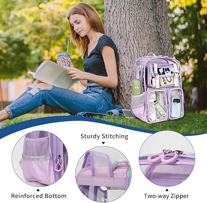 Clear Backpack for School - 17" Transparent Backpacks With Water-Resistant PVC Plastic Material and Ruggedly Reinforced Shoulder Straps, School Bag for Teen Boys Girls Purple