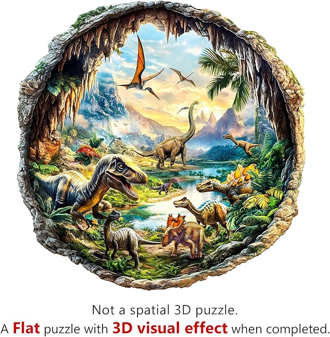 KAAYEE Wooden Puzzles for Adults, 3D Visual Effect 3D Cave Dinosaur Wooden Jigsaw Puzzle Unique Shape Wood Puzzle Adult, 3D Effect Flat Puzzle Birthday Family Games (M-11.4 * 11.3in-200pcs)