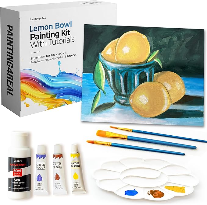 Painting4Real DIY Painting Class Kit for Adults with Video Tutorials: Learn to Paint Lemon Bowl – How to Paint with Acrylics – Painting & Art Supplies – 9 Piece Acrylic Paint Set