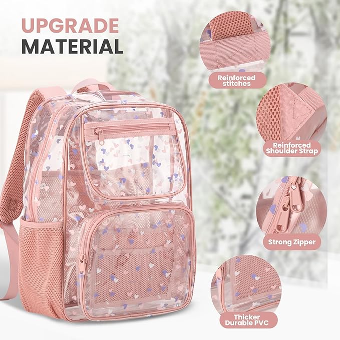 Heavy-Duty Clear Backpack for School - Durable See-Through Bookbag pink