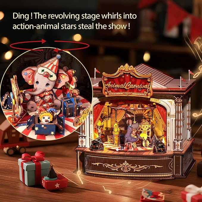 CUTEBEE 3D Puzzles Wooden Theater for Adults - DIY Music Box Rotating Miniature House Kit Model Building Set with LED Light, Home Bookshelf Decor, Unique Birthday Gifts (Animal Carnival)