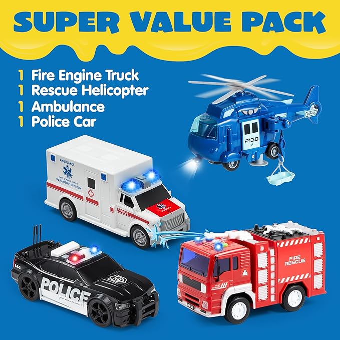 JOYIN 4 Packs Emergency Vehicle Toy Playsets, Friction Powered Vehicles with Light and Sound, Including Fire Truck, Ambulance, Play Police Car and Helicopter, Christmas Toddler Kids Boys Gifts
