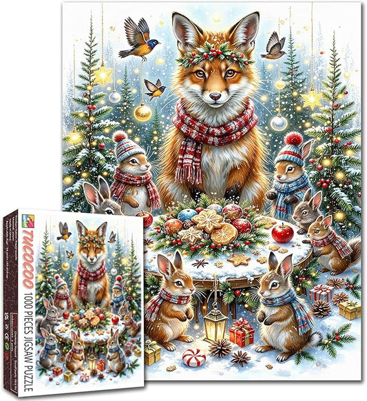 Christmas 1000 Piece Jigsaw Puzzles for Adults Animal Fox,Rabbit Painting Jigsaw Puzzle 1000 Christmas Gingerbread Puzzles 20''x27”inch Xmas Trees Craft Puzzle Art Wall Decor Family Challenging