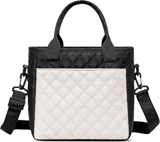 Cute Stylish Small Insulated Lunch Bag for Women Men Kids, Ultrasonic SoftTouch LunchBox for School, Office, Picnic, Durable Lunch Tote with Adjustable Strap & Dual Zippers, Black&Cream