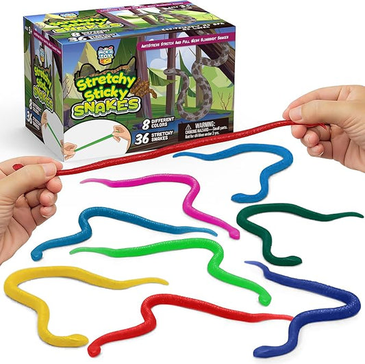 36 Pcs Mini Snake Party Favors Toys for Kids, Stretchy Sticky Rubber Snakes Bulk, Animal Rain Forest Themed Decorations, Treasure Chest for Kids Prizes, Flying Snakes Slingshot Toy