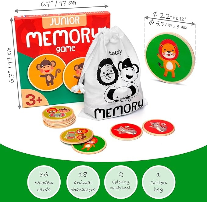 Montessori-Inspired Wooden Matching Game for Toddlers 2-4 Years - Durable, Scratch-Resistant 36 Card Set, Includes Carry Bag - Memory Game for Toddlers 2-4 Years - Cognitive Verbal Skills Development
