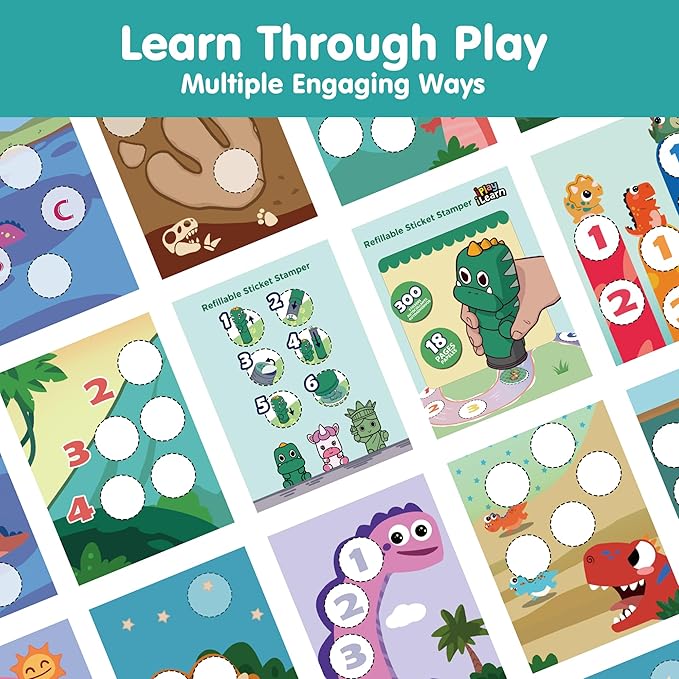 iPlay, iLearn Dinosaur Stamp & Sticker Activity Set - 400+ Stickers & 18-Page Stamper Book, Toddler Creative Art Craft Kit Road Trip Travel Toy, Educational Birthday Gifts for Boy Kid Ages 3 4 5 6 7 8
