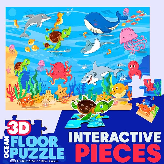 3D Ocean Floor Puzzles for Kids – Extra-Large 48 Piece Floor Puzzle for Kids Ages 3-5 & 4-6 | Jumbo Floor Puzzle with 7 Stand-Up Sea Animals, Big 5" Pieces | Educational Toddler Floors Puzzle Gift
