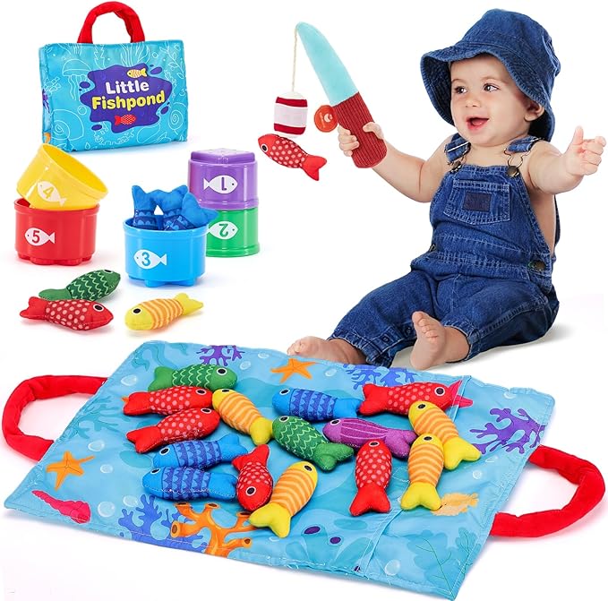 hahaland Toddler Toys Montessori Toys for 1 Year Old Boy Girl Birthday Gift - 10 in 1 Cloth Fishing Game for Toddler 1-3 with Stacking Cups - Number Counting, Color Sorting Learning