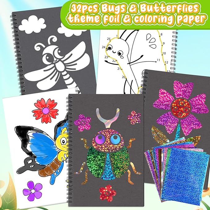Foil Craft Bugs Butterfly DIY Art Fun Kits Set, No Mess Creative Foil Art Drawing Game for Kids, Birthday Gifts Crafts Supplies Travel Toys for Girls Boys Ages 4-9
