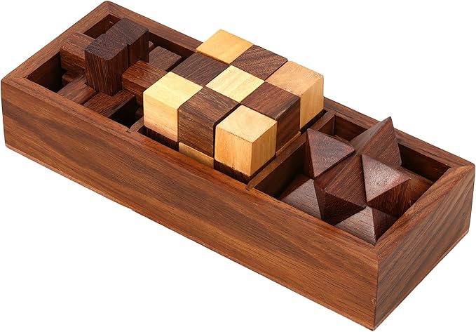 Ajuny 3-in-One Wooden Puzzle Games Set - 3D Puzzles for Teens and Adults - Challenging Brain Teasers 3D Puzzle IQ Logic Handcrafted Games, Includes Decorative Storage Box Best Gift 3 in 1 Game Set