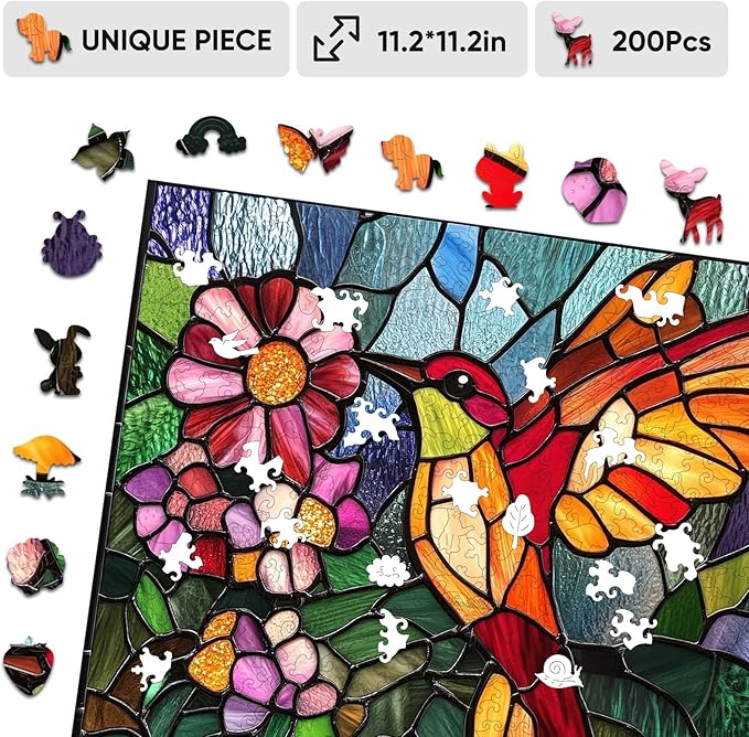 Wooden Puzzle for Adults, Stained Glass Hummingbird Jigsaw Puzzles 200 Piece, Unique Shapes Family Reunion Puzzle for Adults and Kids, Beautiful Package, Best Gift for Family Friends 11.4x11in
