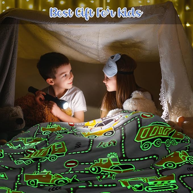 Construction Truck Toys Gifts for Boys - Glow in The Dark Excavator Blanket Birthday Valentines Easter Christmas Decor Presents for Kids Age 1-14 Years Old Teens Child Toddler Son Soft Throw 50"x60"
