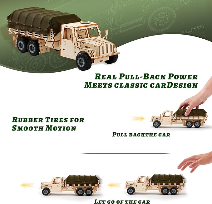SIGHTEEDA Pull-Back Adventure Truck 3D Wooden Puzzle - 118 Pcs STEM Building Model Kit for Kids Ages 6-12 | All-Terrain Wheels & Removable Cover | Creative Gift for Kids & Teens