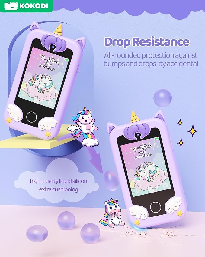 KOKODI Kids Smart Phone Toys, Birthday Gifts Unicorn Toddler Play Phone for Girls 3-10, Touchscreen HD Dual Camera Cell Phone for Kids, Travel Toy Preschool Learning Toy for Kids (Purple)