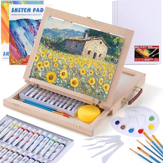 54 Pieces Acrylic Paint Set with Tabletop Easel Stand, Complete Starter Painting Art Supplies with Acrylic Paints, Canvases, Sketch Pads, Brushes and Palette for Adults Teens Kids Beginners