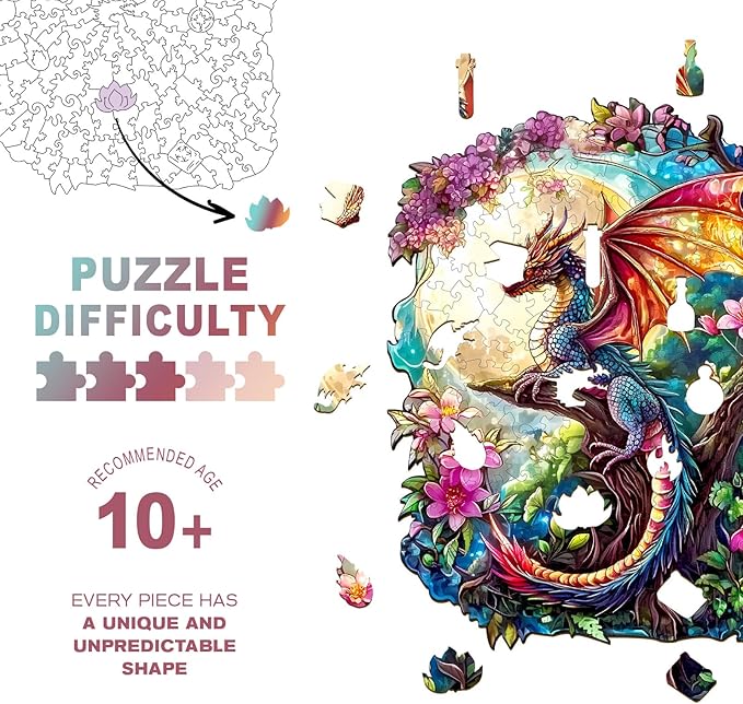 Wooden Puzzles for Adults - Dragon in Moonlight Wooden Jigsaw Puzzle, Unique Animal Shaped Wood Puzzles Adult, Christmas Birthday Gifts for Friends/Family, Home Decor 8.5 * 6.9in 85pcs