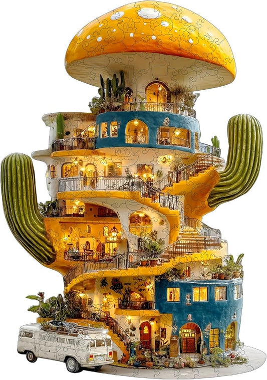 Wooden Puzzles for Adults, Cactus World Adult Puzzles 200 Pieces, Wooden Jigsaw Puzzles Unique Shape, Best Gifts for Adults Family Game, 9.1x12.8 inch