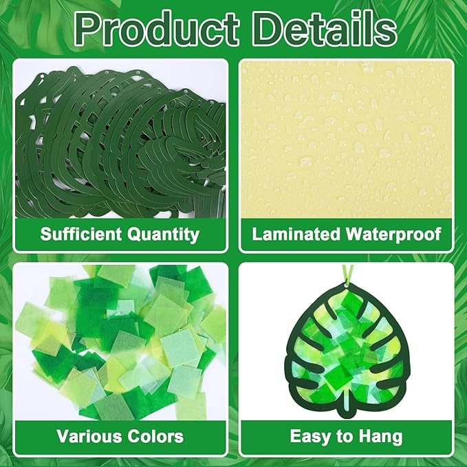 Qyeahkj 36 Set Summer Suncatchers Crafts for Kids DIY Hawaiian Palm Leaves Window Tissue Paper Crafts Kit Green Leaf Hanging Decor for Summer School Home Activity Art Project Birthday Party Favor Gift